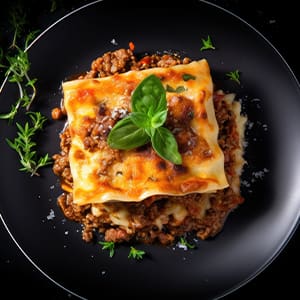 Layers of pasta sheets with a rich mix of minced beef, onions, celery, carrots, herbs, tomato, garlic, and cream. Topped with Bechamel and Mozzarella cheese