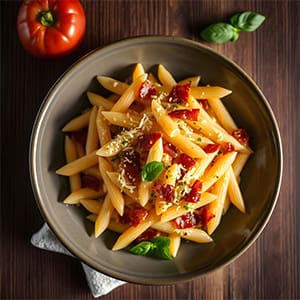 Macaroni in a flavorful onion, garlic, and herb Béchamel sauce with crispy bacon, topped with Mozzarella and Gouda cheese.