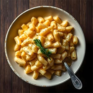 Macaroni pasta in a creamy cheese sauce, topped with melted Mozzarella and Gouda cheese.