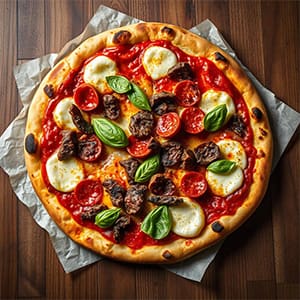 Pizza topped with grilled beef strips and spicy pepperoni